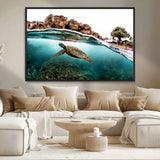 44200301-MGV-CV-36X24-Sea Turtle Swim Wall Art Canvas Print, Framed Ocean Life Art Picture Print, Tropical Shoreline Perfect Tropical Coastal Decor