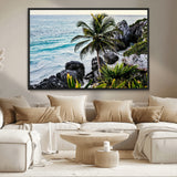 94669907-MGV-CV-36X24-Tropical Coastline Wall Art Canvas Print, Framed Palm Tree Art Picture Print, Rocky Beach Perfect Tropical Coastal Decor Artwork