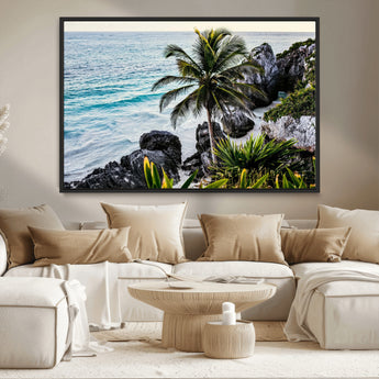 94669907-MGV-CV-36X24-Tropical Coastline Wall Art Canvas Print, Framed Palm Tree Art Picture Print, Rocky Beach Perfect Tropical Coastal Decor Artwork