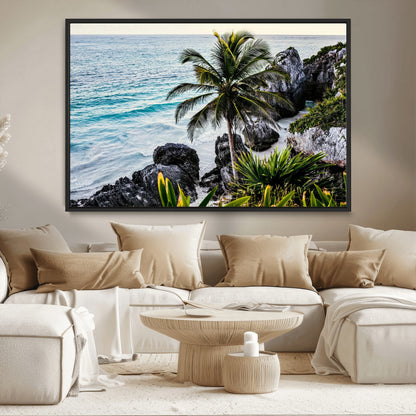 94669907-MGV-CV-36X24-Tropical Coastline Wall Art Canvas Print, Framed Palm Tree Art Picture Print, Rocky Beach Perfect Tropical Coastal Decor Artwork