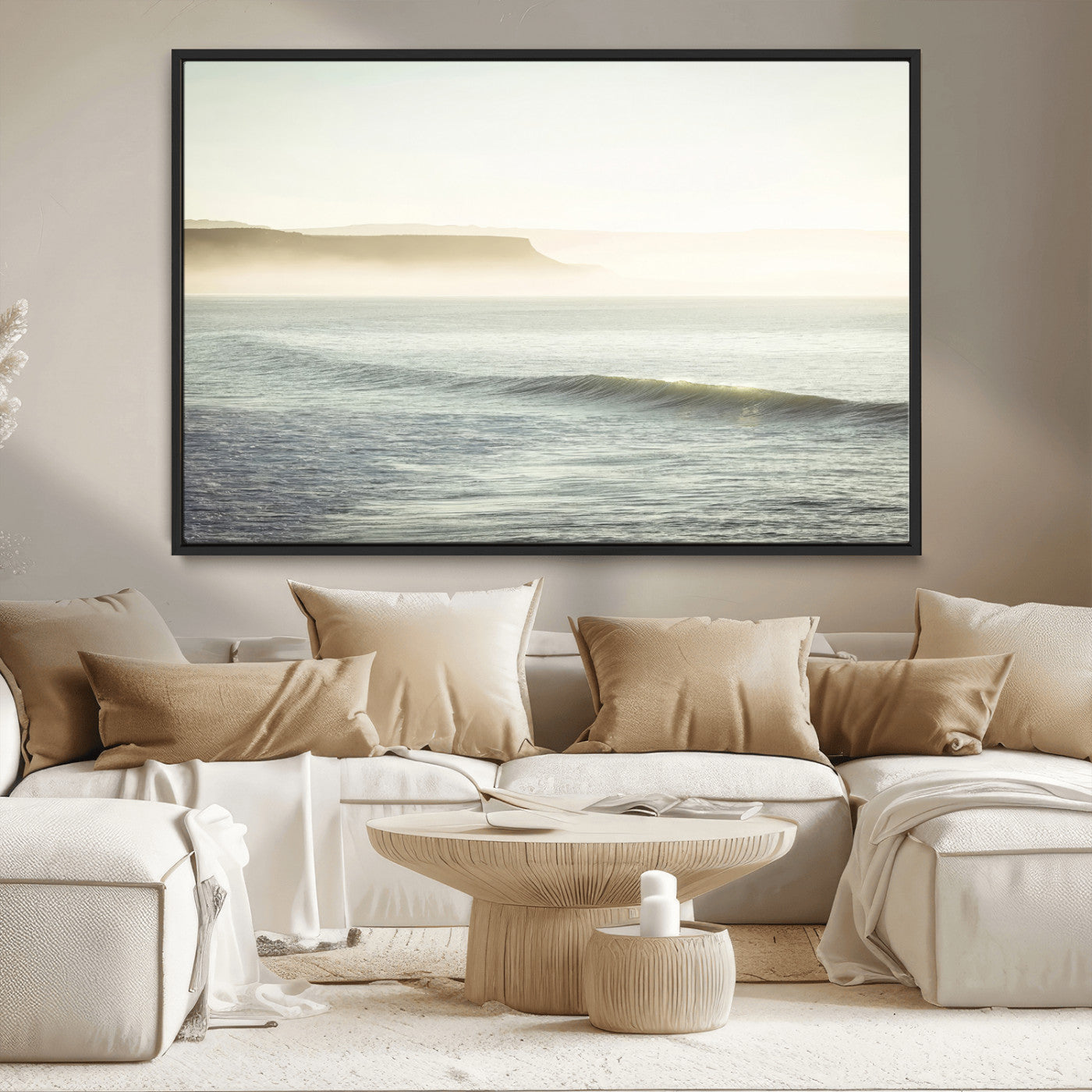 39310633-MGV-CV-36X24-Coastal Cliffs Wall Art Canvas Print, Framed Misty Ocean Art Picture Print, Morning Light Perfect Minimalistic Coastal Decor