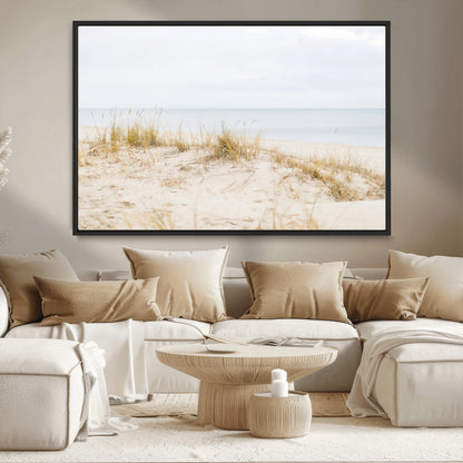 13146857-MGV-CV-36X24-Beach Dunes Wall Art Canvas Print, Framed Soft Horizon Art Picture Print, Coastal Grass Perfect Minimalist Coastal Decor Artwork