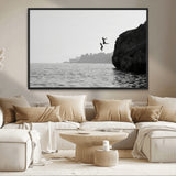 52284302-MGV-CV-36X24-Cliff Jumping Wall Art Canvas Print, Framed Ocean Adventure Art Picture Print, Black White Coast Perfect Modern Coastal Decor