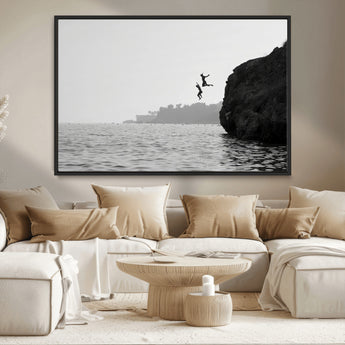 52284302-MGV-CV-36X24-Cliff Jumping Wall Art Canvas Print, Framed Ocean Adventure Art Picture Print, Black White Coast Perfect Modern Coastal Decor
