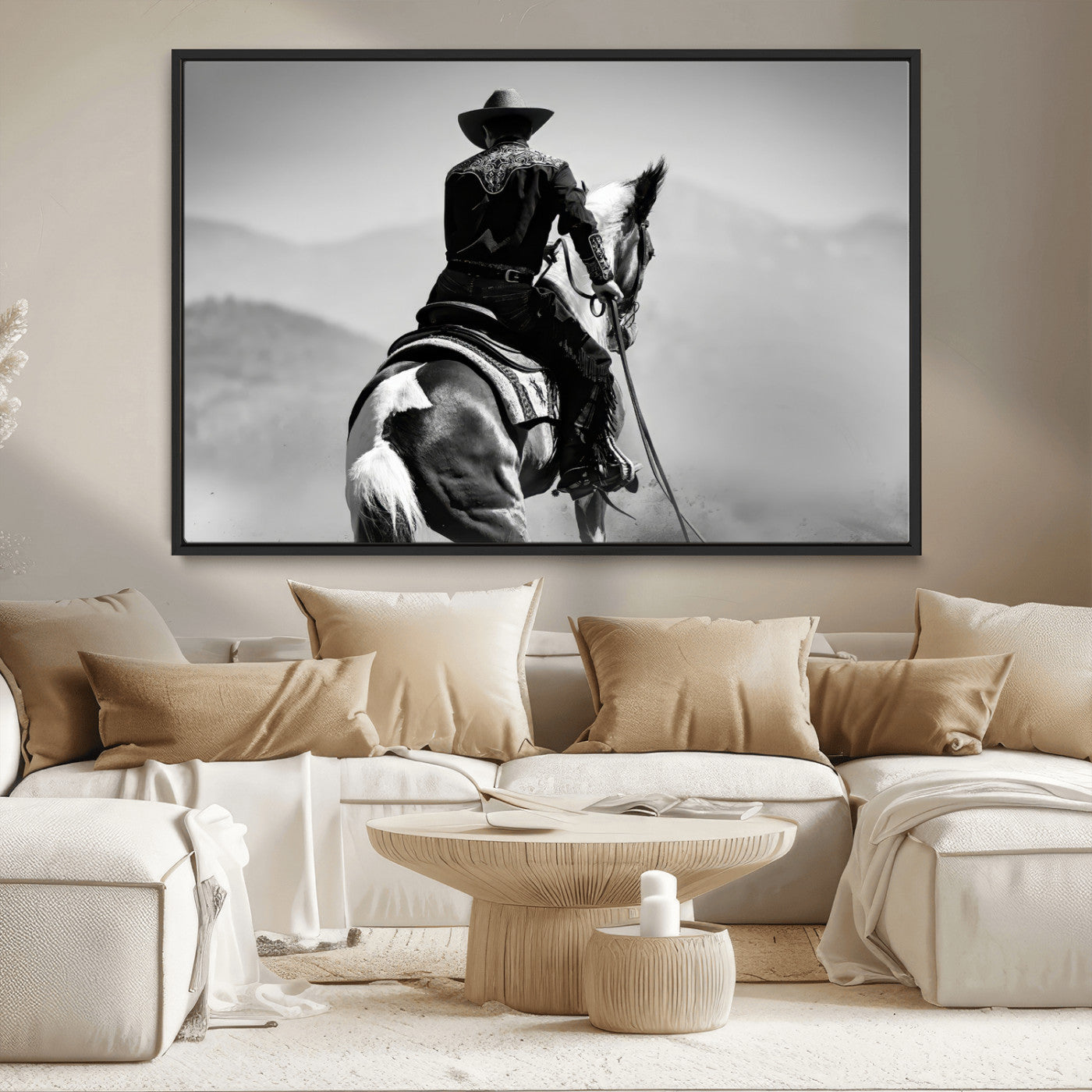 83102464-MGV-CV-36X24-Western Cowboy Wall Art Canvas Print, Framed Monochrome Horse Art Picture Print, Western Equestrian Perfect Rustic Western Decor