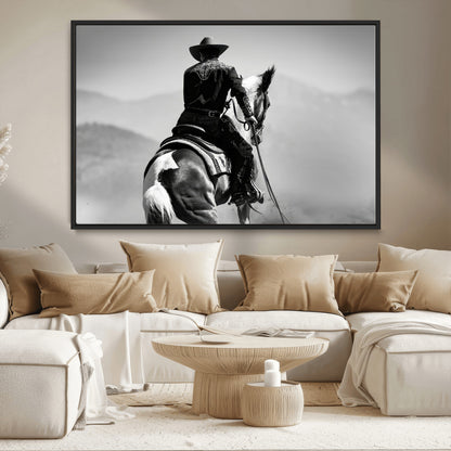 83102464-MGV-CV-36X24-Western Cowboy Wall Art Canvas Print, Framed Monochrome Horse Art Picture Print, Western Equestrian Perfect Rustic Western Decor