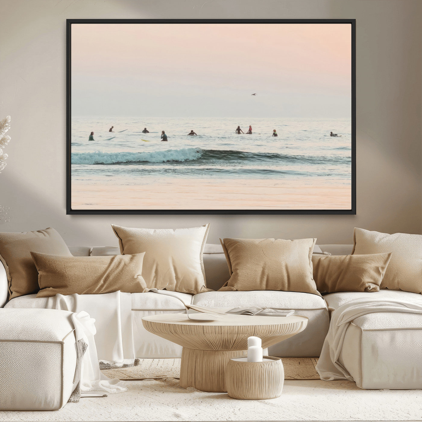 98888919-MGV-CV-36X24-Pastel Ocean Wall Art Canvas Print, Framed Soft Sunset Swimming Art Picture Print, Calm Sea Horizon Perfect Soft Coastal
