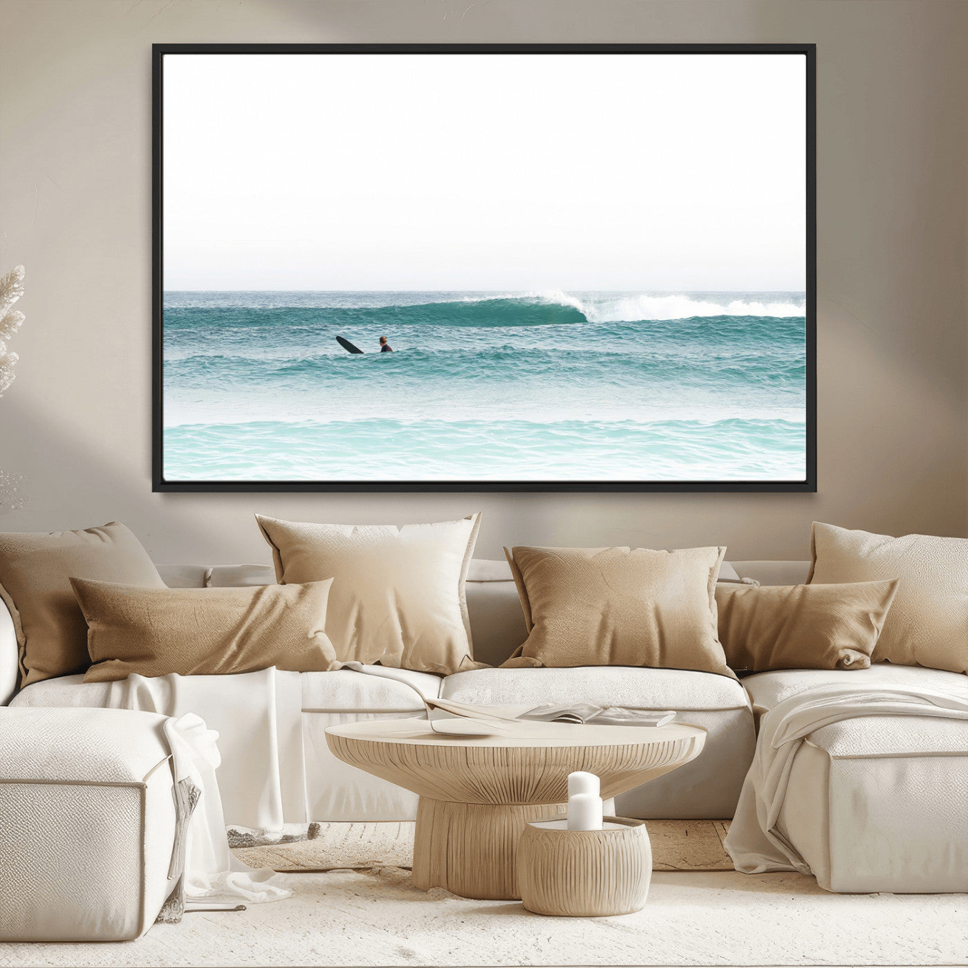 56345117-MGV-CV-36X24-Minimalist Surfing Wall Art Canvas Print, Framed Ocean Waves Art Picture Print, Soft Ocean Perfect Minimalist Coastal Decor
