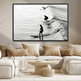 19875284-MGV-CV-36X24-Surfer Waves Wall Art Canvas Print, Framed Black White Surf Art Picture Print, Monochrome Ocean Perfect Modern Coastal Decor