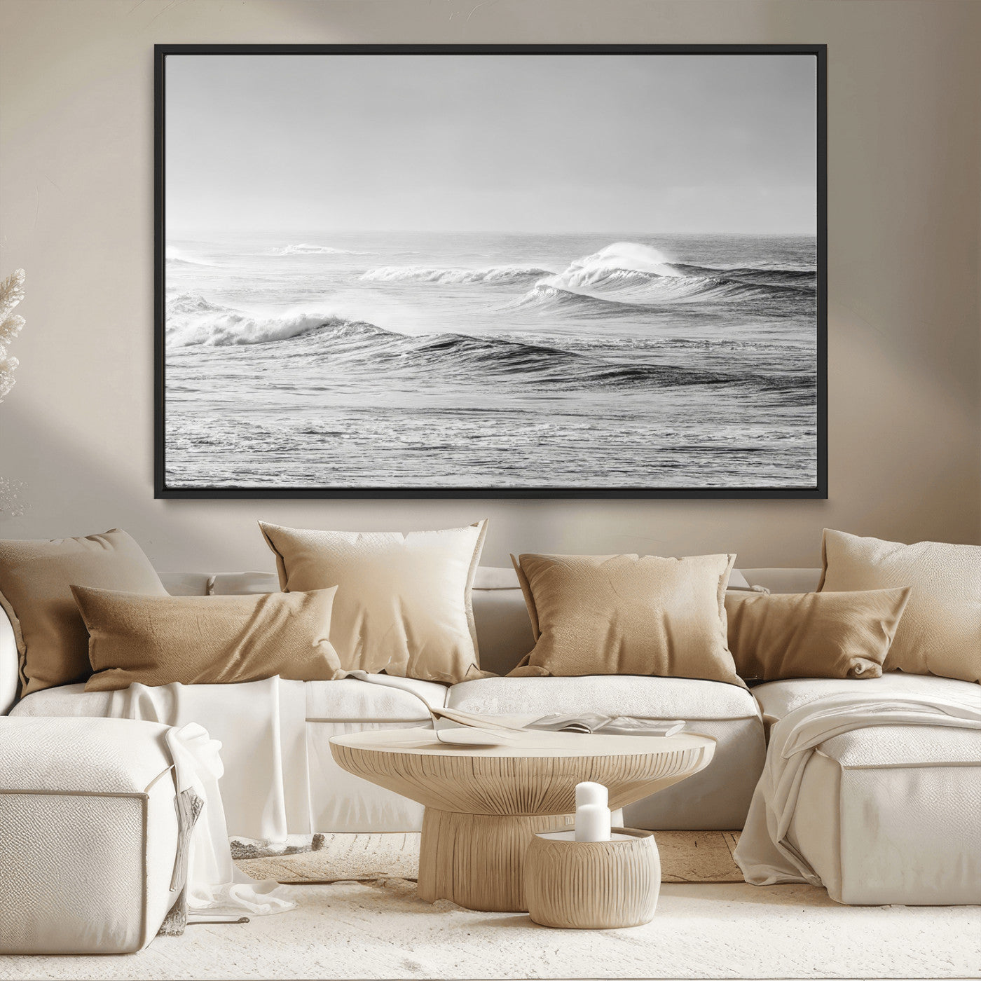 98634812-MGV-CV-36X24-Black and White Ocean Waves Wall Art – Minimalist Sea Canvas Print, Coastal Photography Decor for Living Room, Bedroom or Office