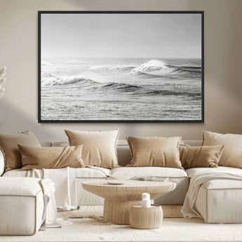 98634812-MGV-CV-36X24-Black and White Ocean Waves Wall Art – Minimalist Sea Canvas Print, Coastal Photography Decor for Living Room, Bedroom or Office