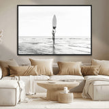 98446901-MGV-CV-36X24-Monochrome Surf Wall Art Canvas Print, Framed Minimalist Surfer Art Picture Print, Surfboard Silhouette Perfect Coastal Minimalist