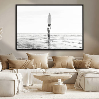 98446901-MGV-CV-36X24-Monochrome Surf Wall Art Canvas Print, Framed Minimalist Surfer Art Picture Print, Surfboard Silhouette Perfect Coastal Minimalist