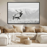 62278753-MGV-CV-36X24-Monochrome Elk Wall Art Canvas Print, Framed Mountain Wildlife Art Picture Print, Rustic Nature Perfect Rustic Minimalist Decor