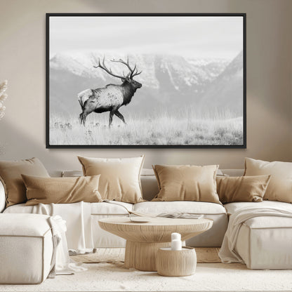 62278753-MGV-CV-36X24-Monochrome Elk Wall Art Canvas Print, Framed Mountain Wildlife Art Picture Print, Rustic Nature Perfect Rustic Minimalist Decor