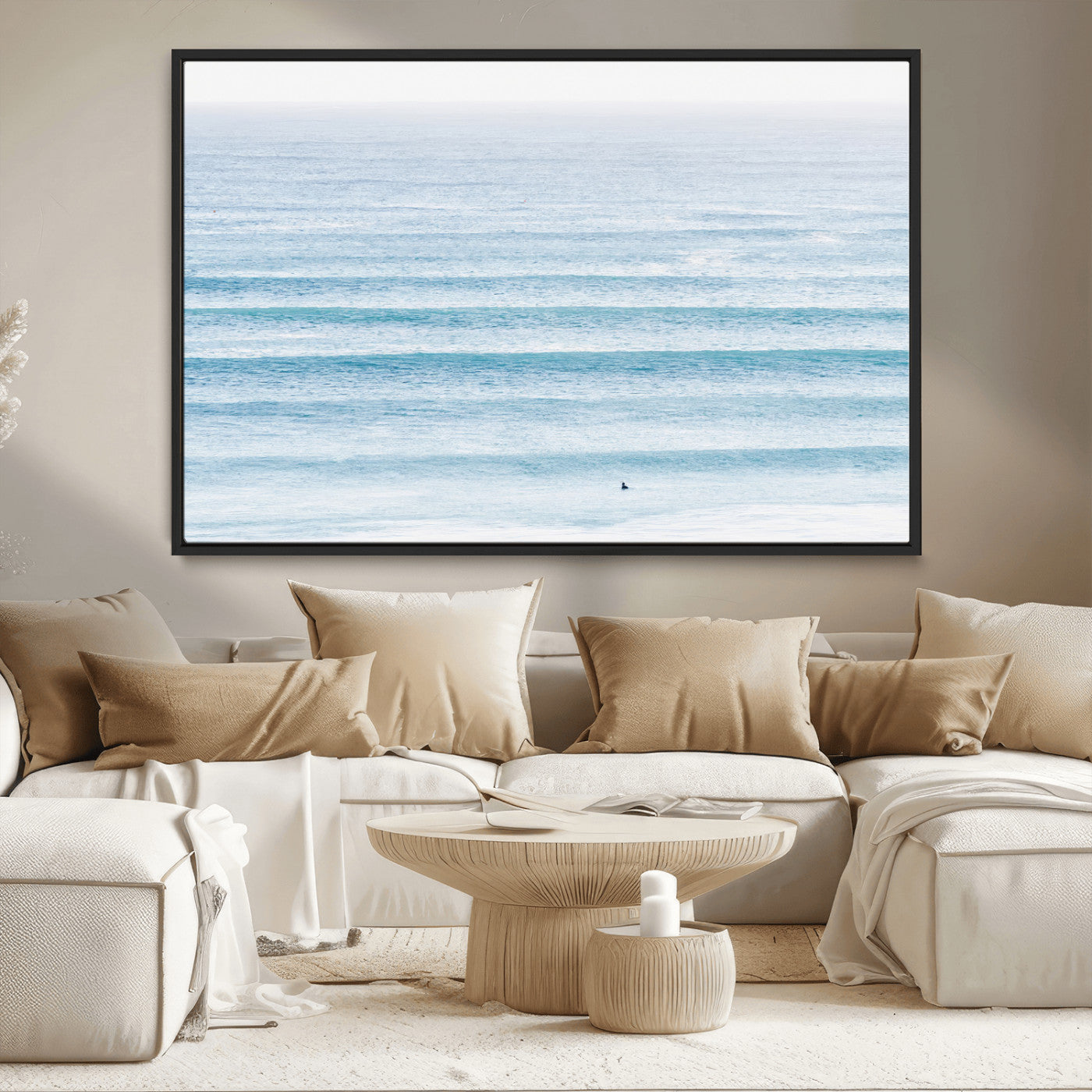 77145995-MGV-CV-36X24-Ocean Simplicity Wall Art Canvas Print, Framed Surfer on Water Art Picture Print, Light Blue Perfect Coastal Minimalist Decor