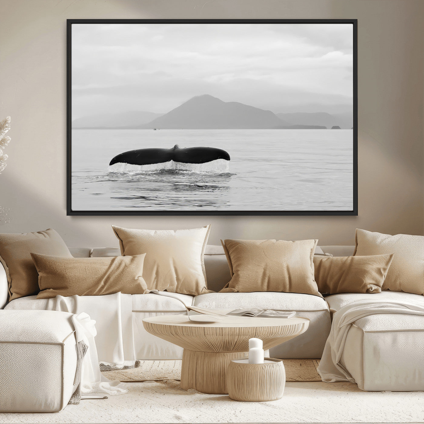 30524220-MGV-CV-36X24-Whale Tail Wall Art Canvas Print, Framed Black White Ocean Art Picture Print, Calm Marine Perfect Minimalist Coastal Decor Artwork