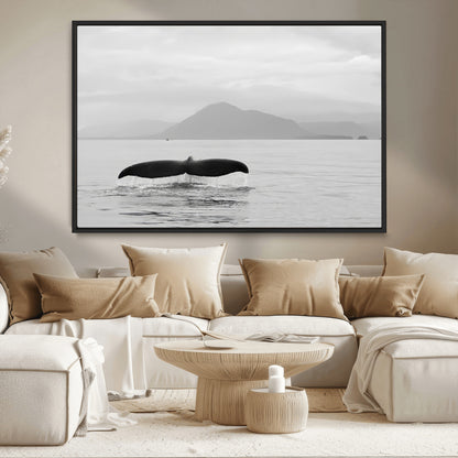 30524220-MGV-CV-36X24-Whale Tail Wall Art Canvas Print, Framed Black White Ocean Art Picture Print, Calm Marine Perfect Minimalist Coastal Decor Artwork