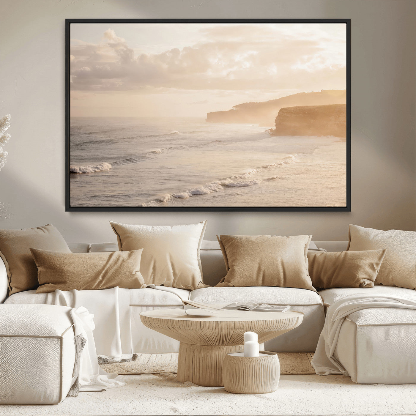 57669769-MGV-CV-36X24-Misty Coastal Wall Art Canvas Print, Framed Golden Sunset Art Picture Print, Serene Shoreline Perfect Tranquil Coastal Decor