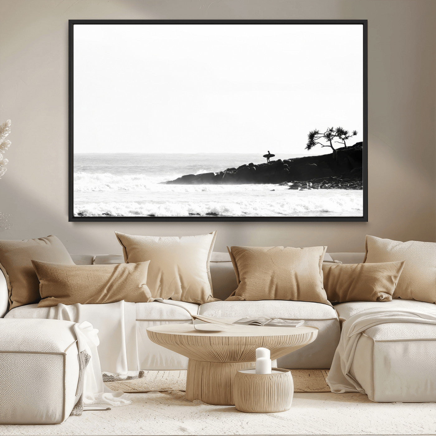 40875891-MGV-CV-36X24-SurferCliffs Wall Art Canvas Print, Framed Black White Beach Art Picture Print, Ocean Waves Perfect Minimalist Coastal Decor