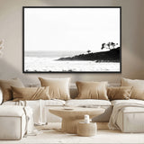 40875891-MGV-CV-36X24-SurferCliffs Wall Art Canvas Print, Framed Black White Beach Art Picture Print, Ocean Waves Perfect Minimalist Coastal Decor