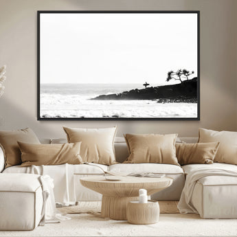 40875891-MGV-CV-36X24-SurferCliffs Wall Art Canvas Print, Framed Black White Beach Art Picture Print, Ocean Waves Perfect Minimalist Coastal Decor