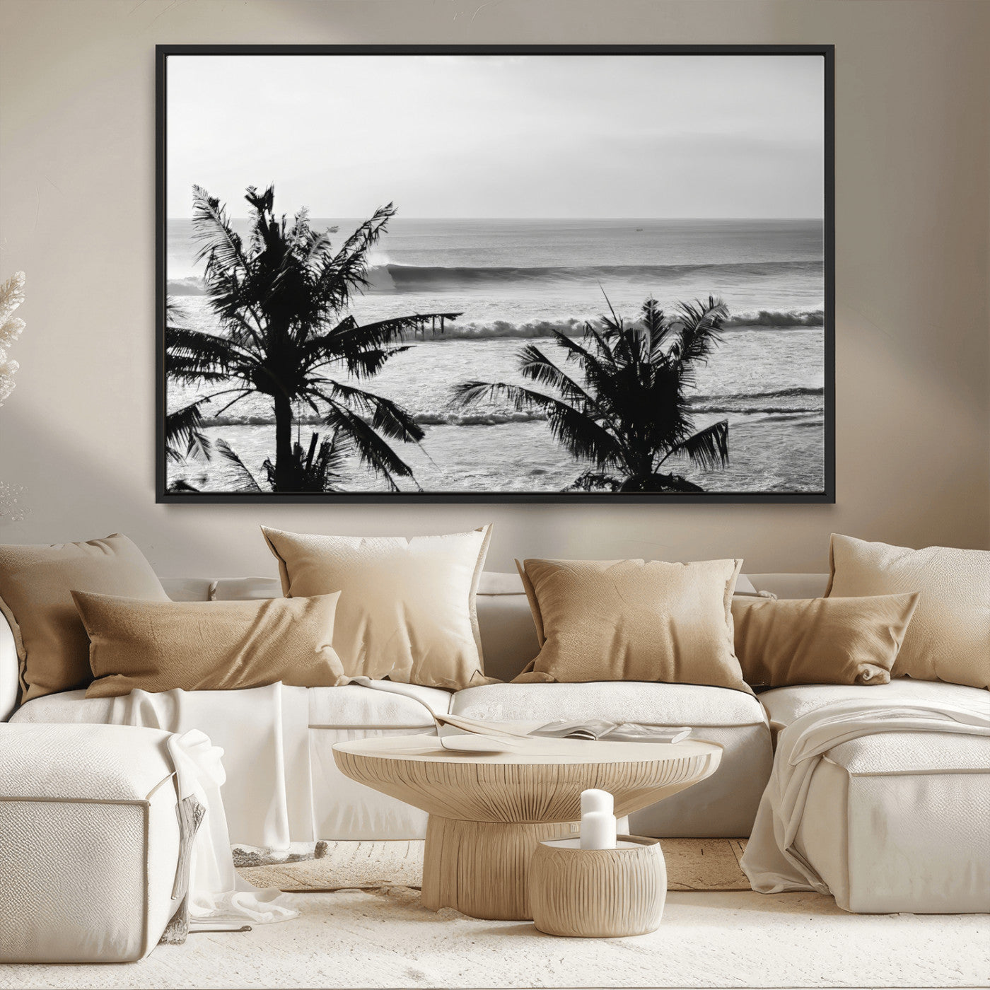 17508038-MGV-CV-36X24-Tropical Coastline Wall Art Canvas Print, Framed Palm Trees Art Picture Print, Ocean Waves Perfect Minimalist Coastal Decor