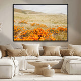 28972262-MGV-CV-36X24-Golden Wildflowers Wall Art Canvas Print, Framed Hills Bloom Art Picture Print, Poppy Meadow Perfect Rustic Nature Decor Artwork