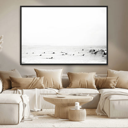 38441169-MGV-CV-36X24-Monochrome Swimming Wall Art Canvas Print, Framed Ocean Horizon Art Picture Print, Moody Coastal Perfect Minimalist Coastal Decor