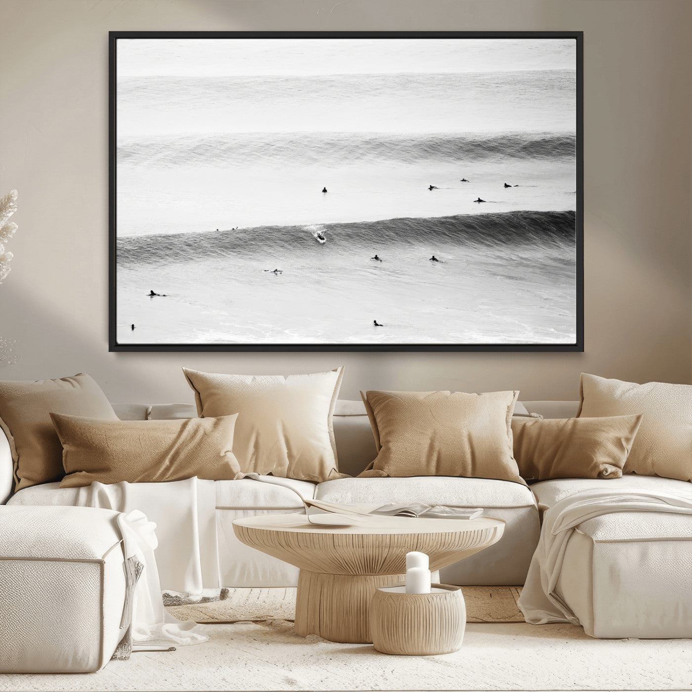 54291445-MGV-CV-36X24-Black White Ocean Wall Art Canvas Print, Framed Coastal Sport Art Picture Print, Ocean Culture Perfect Minimalist Coastal Decor