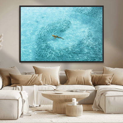 43671474-MGV-CV-36X24-Fish Swarm Wall Art Canvas Print, Framed Marine Life Art Picture Print, Shark Aerial Perfect Wildlife Coastal Decor Artwork
