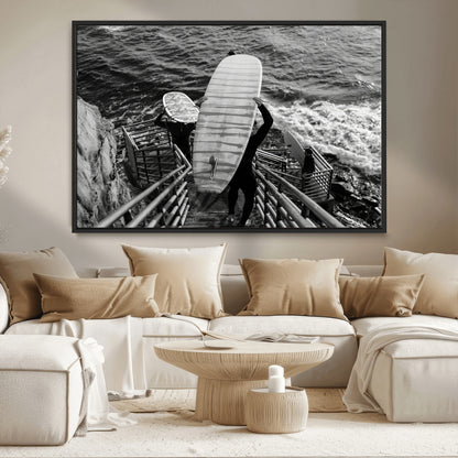 32353707-MGV-CV-36X24-Black White Surfing Wall Art Canvas Print, Framed Coastal Surfing Art Picture Print, Wave Riders Perfect Coastal Adventure Decor