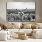 24051061-MGV-CV-36X24-Monochrome Highland Cow Wall Art Canvas Print, Framed Scottish Bull Art Picture Print, Lone Cattle Perfect Rustic Farmhouse Decor