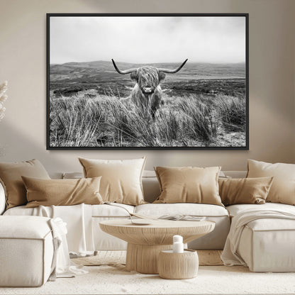 24051061-MGV-CV-36X24-Monochrome Highland Cow Wall Art Canvas Print, Framed Scottish Bull Art Picture Print, Lone Cattle Perfect Rustic Farmhouse Decor