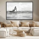 69798068-MGV-CV-36X24-Black White Surfing Wall Art Canvas Print, Framed Ocean Horizon Art Picture Print, Surfer Girl Perfect Coastal Adventure Decor