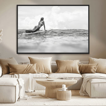 69798068-MGV-CV-36X24-Black White Surfing Wall Art Canvas Print, Framed Ocean Horizon Art Picture Print, Surfer Girl Perfect Coastal Adventure Decor