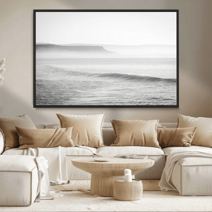 60635783-MGV-FC-36X24_Black-Black White Seascape Wall Art Canvas Print, Framed Ocean Waves Art Picture Print, Misty Coastal Perfect Minimalist Coastal Decor