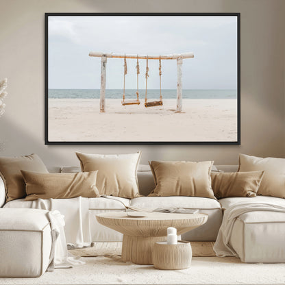 68327283-MGV-CV-36X24-Beach Swing Wall Art Canvas Print, Framed Quiet Beach Art Picture Print, Calm Shoreline Perfect Bohemian Coastal Decor Artwork