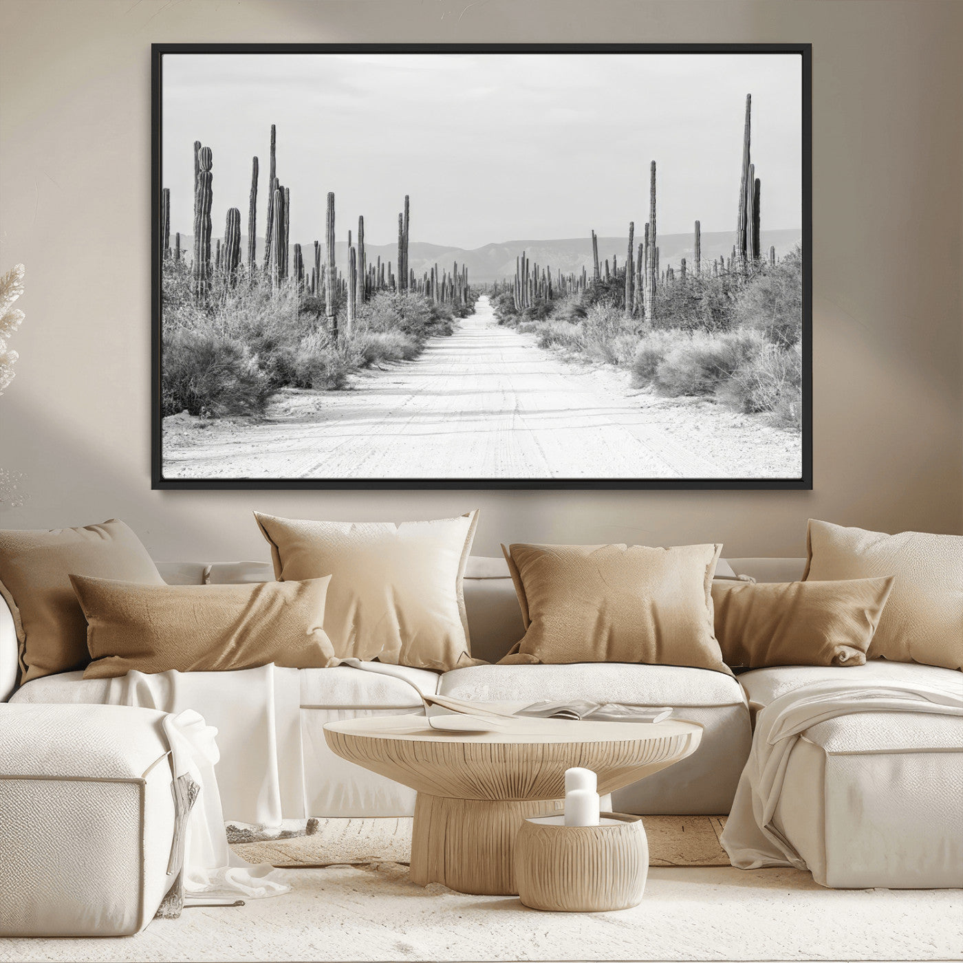 35537313-MGV-CV-36X24-Monochrome Desert Wall Art Canvas Print, Framed Cactus Path Art Picture Print, Southwestern Landscape Perfect Southwestern
