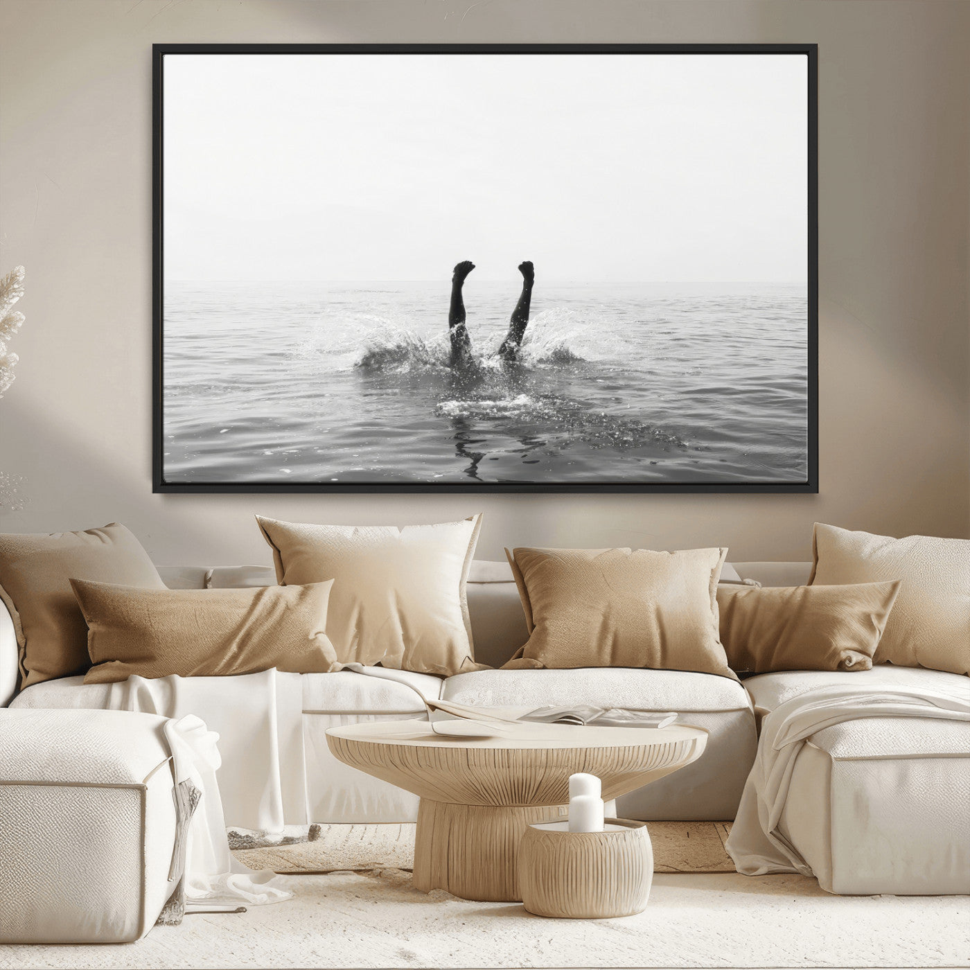 26667396-MGV-CV-36X24-Black White Ocean Wall Art Canvas Print, Framed Monochrome Water Art Picture Print, Diving into Water Perfect Minimalist Aquatic