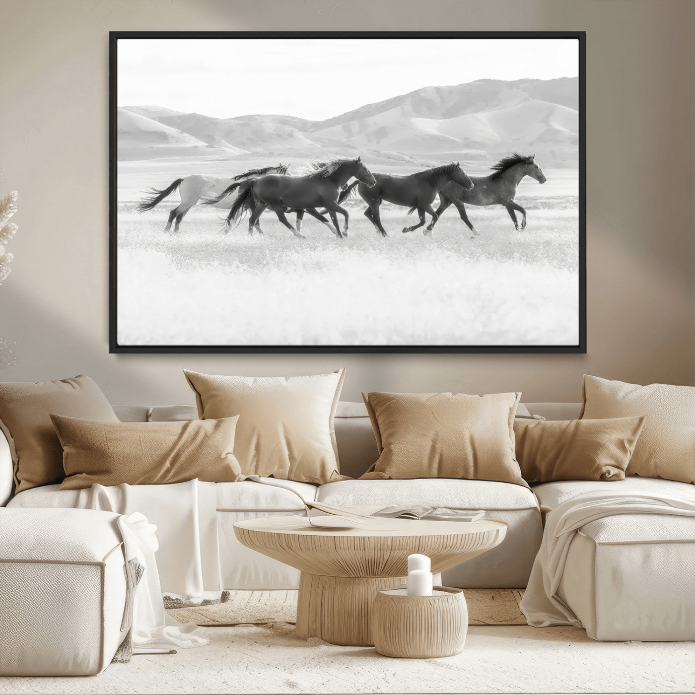69934913-MGV-CV-36X24-Wild Horses Running Wall Art Canvas Print, Framed Black White Mustangs Art Picture Print, Rustic Western Perfect Rustic Western
