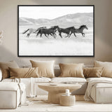 69934913-MGV-CV-36X24-Wild Horses Running Wall Art Canvas Print, Framed Black White Mustangs Art Picture Print, Rustic Western Perfect Rustic Western