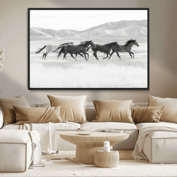 69934913-MGV-CV-36X24-Wild Horses Running Wall Art Canvas Print, Framed Black White Mustangs Art Picture Print, Rustic Western Perfect Rustic Western