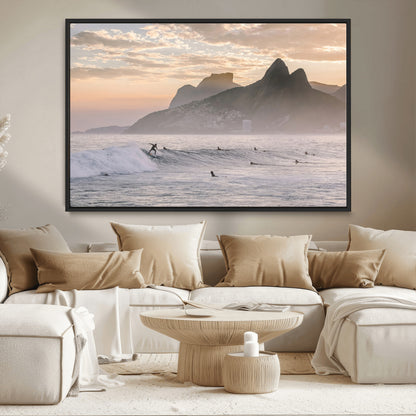 70644906-MGV-CV-36X24-Sunset Surfing Wall Art Canvas Print, Framed Misty Mountains Art Picture Print, Surfer Riding Wave Perfect Coastal Adventure Decor