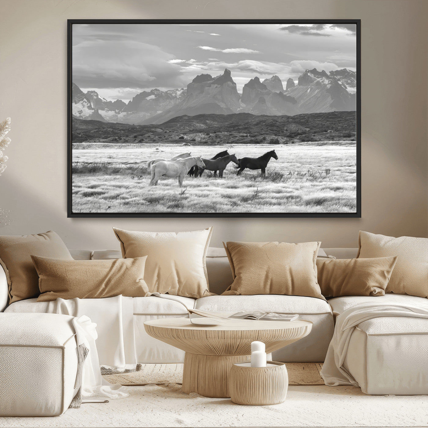 21655040-MGV-CV-36X24-Wild Horses Wall Art Canvas Print, Framed Black White Mountains Art Picture Print, Rustic Countryside Perfect Rustic Western Decor