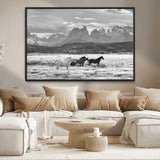 21655040-MGV-CV-36X24-Wild Horses Wall Art Canvas Print, Framed Black White Mountains Art Picture Print, Rustic Countryside Perfect Rustic Western Decor