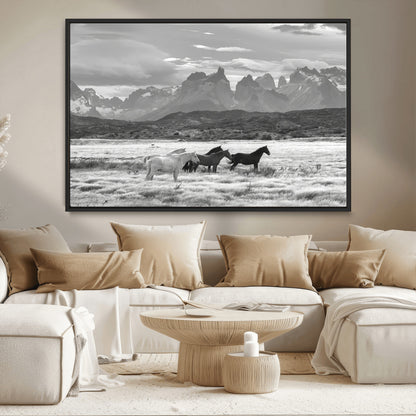21655040-MGV-CV-36X24-Wild Horses Wall Art Canvas Print, Framed Black White Mountains Art Picture Print, Rustic Countryside Perfect Rustic Western Decor