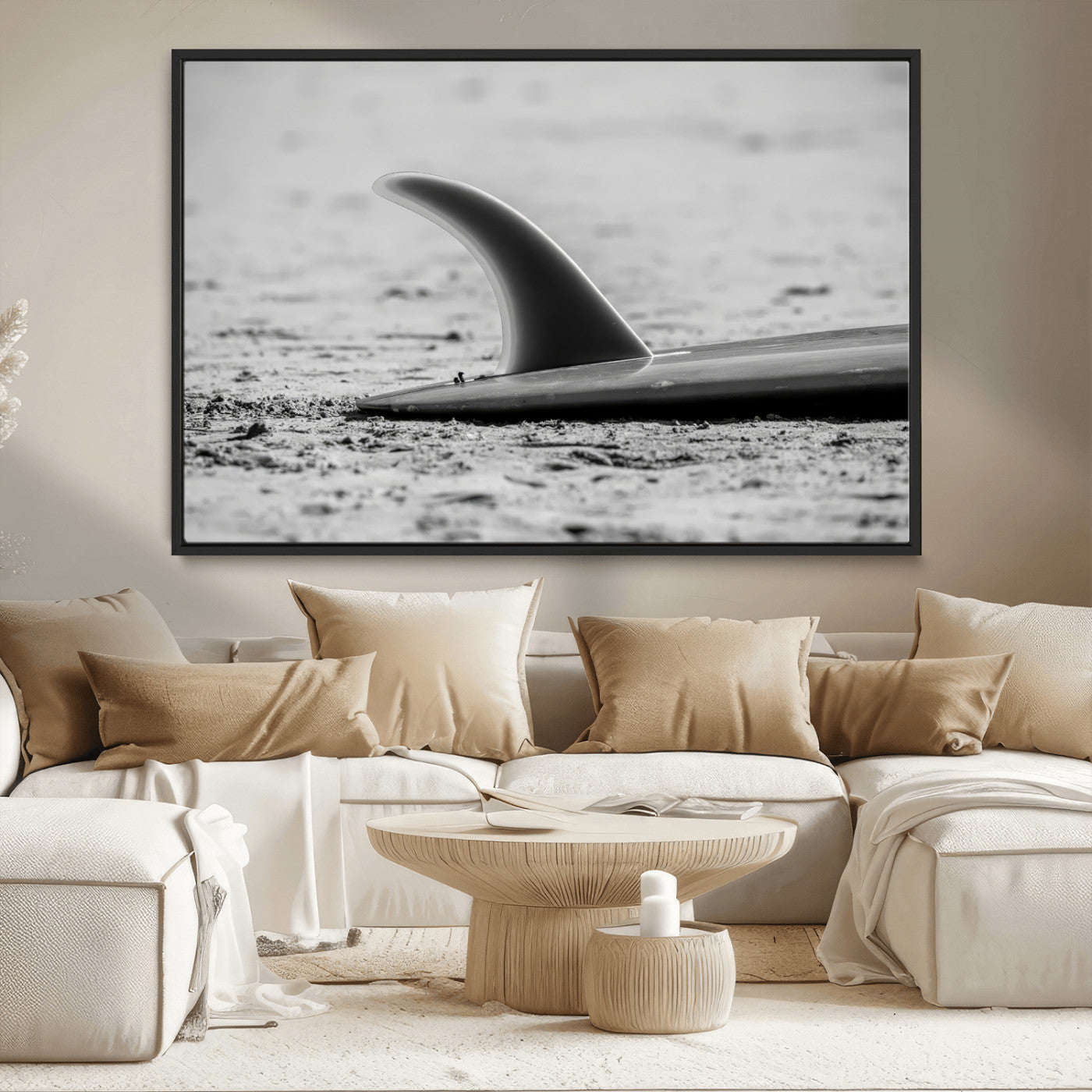 62314230-MGV-CV-36X24-Black White Surfboard Wall Art Canvas Print, Framed Minimalist Beach Art Picture Print, Surf Fin Perfect Minimalist Coastal Decor
