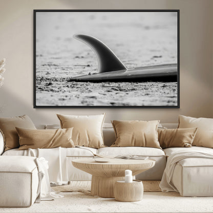62314230-MGV-CV-36X24-Black White Surfboard Wall Art Canvas Print, Framed Minimalist Beach Art Picture Print, Surf Fin Perfect Minimalist Coastal Decor
