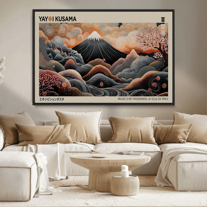 55739266-MGV-CV-36X24-Japanese Wall Art Print – Abstract Yayoi Kusama Inspired Dotted Landscape Poster, Surreal Oriental Mountain and Cherry Blossom
